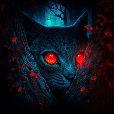 A cat with red eyes in a dark forest. high quality illustrationの素材