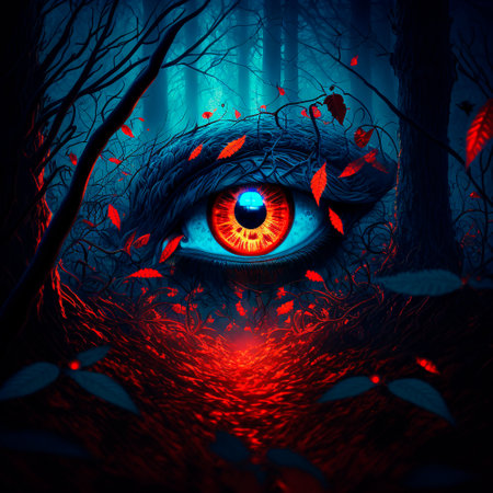 Big red eyes against the background of a gloomy mystical fores. high quality illustrationの素材