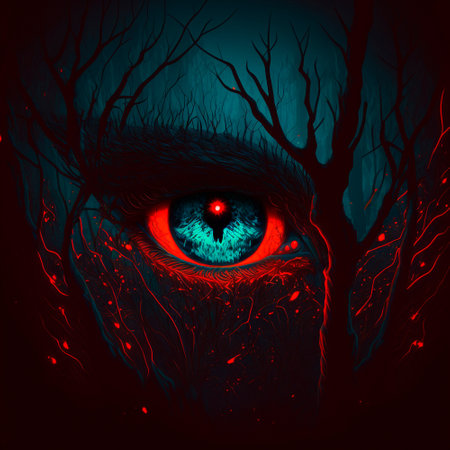 Big red eyes against the background of a gloomy mystical fores. high quality illustrationの素材