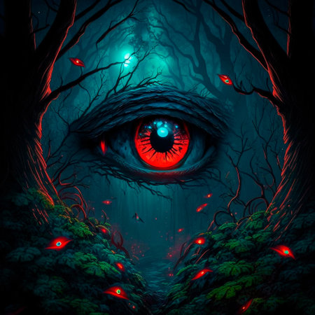 Big red eyes against the background of a gloomy mystical fores. high quality illustrationの素材