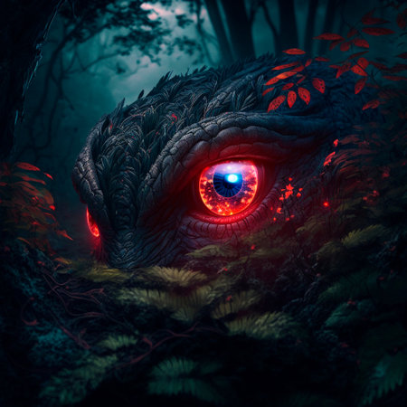 Big red eyes against the background of a gloomy mystical fores. high quality illustrationの素材