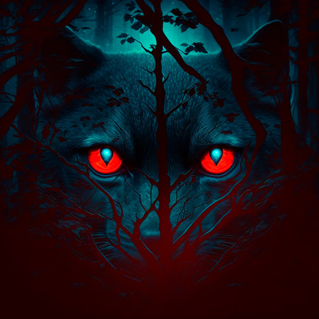 Big red eyes against the background of a gloomy mystical fores. high quality illustrationの素材