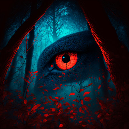 Big red eyes against the background of a gloomy mystical fores. high quality illustrationの素材