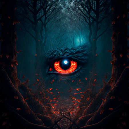 Big red eyes against the background of a gloomy mystical fores. high quality illustrationの素材