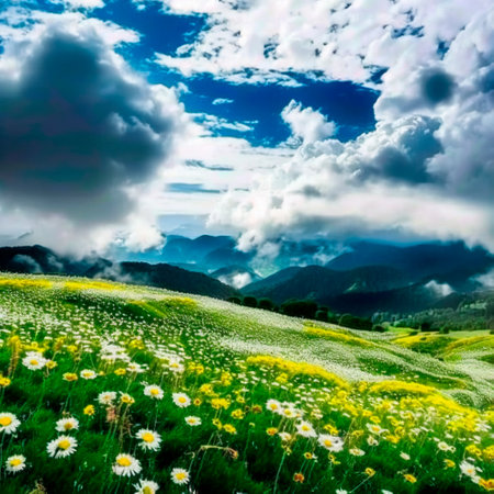 Chamomile field in the mountains. high quality illustrationの素材
