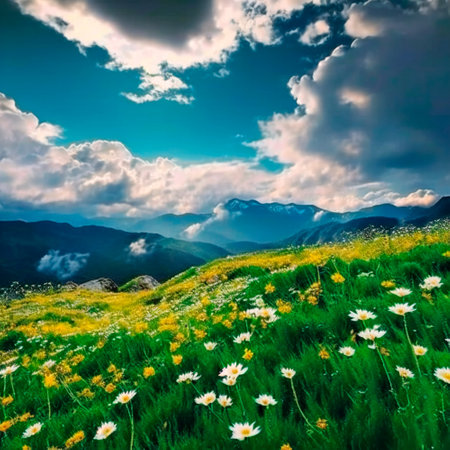 Chamomile field in the mountains. high quality illustrationの素材