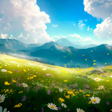 Chamomile field in the mountains. high quality illustrationの素材