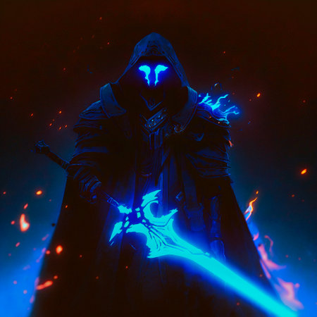 Mysterious black knight with a flaming sword in anime style. high quality illustrationの素材