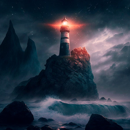 Lighthouse on a rock in stormy weather. high quality illustrationの素材