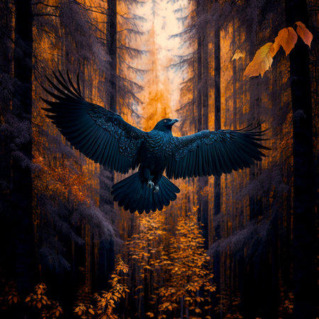 A raven soaring in the autumn forest. high quality illustrationの素材