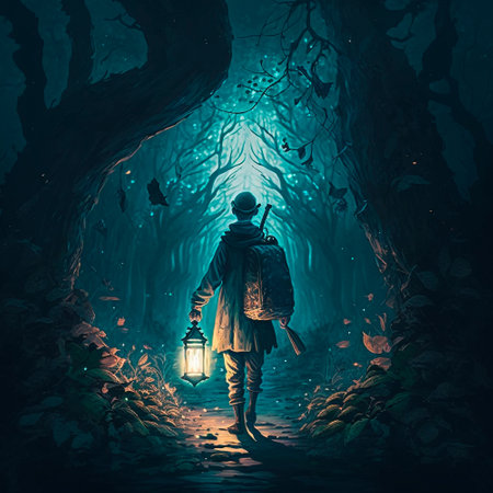A man walks in the night, lighting his way with a lamp. high quality illustrationの素材