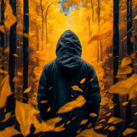 A man in a black hoodie on the background of an autumn forest. high quality illustrationの素材
