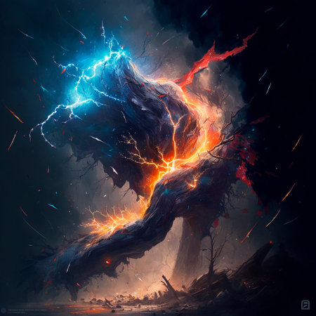 Abstract image of the energy of fire and lightning, which mix into something unified. high quality illustrationの素材