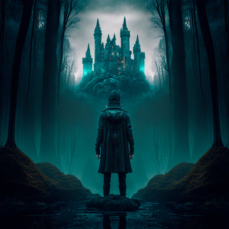 A man walks to the ruins of an ancient castle. high quality illustrationの素材