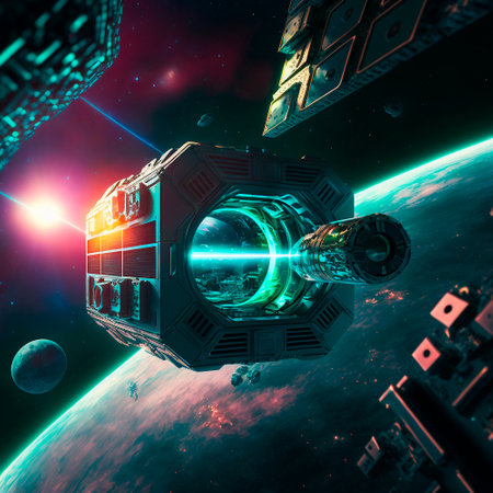 High-tech laser installation in space. high quality illustrationの素材