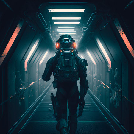 A man in a futuristic armored suit with a large firear. high quality illustrationの素材