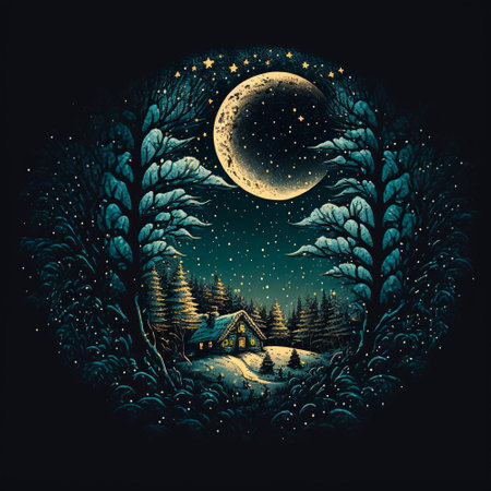 Illustration of a house in a night forest among tall trees in the moonlight. high quality illustrationの素材