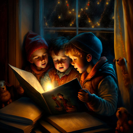 Children opened and looked at a mysterious fairy-tale book on Christmas night. high quality illustrationの素材