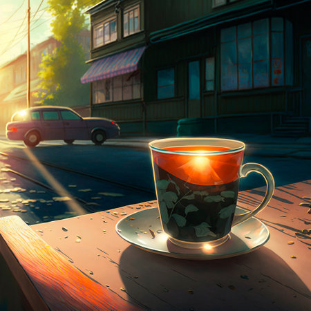 Morning cup of hot tea in anime style. high quality illustrationの素材