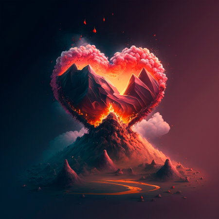 Illustration of a volcano erupting in the form of a heart. high quality illustrationの素材