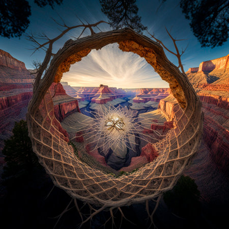 Looking through the web at the mountains. high quality illustrationの素材