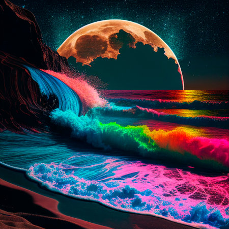 night beach with beautiful iridescent waves of different colors. high quality illustrationの素材