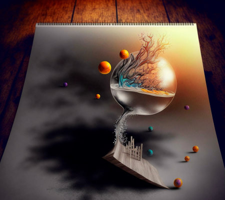 Aquarium with orange splashes. beautiful 3d sketch with colored elements. The drawing goes off the paper. high quality illustrationの素材