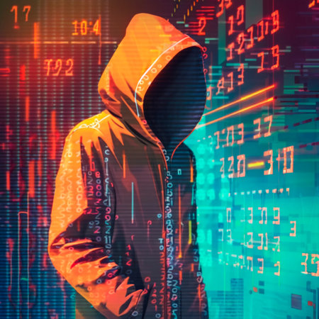 Hacker in an orange hood. Genius of the computer world. numbers and matrix. high quality illustrationの素材