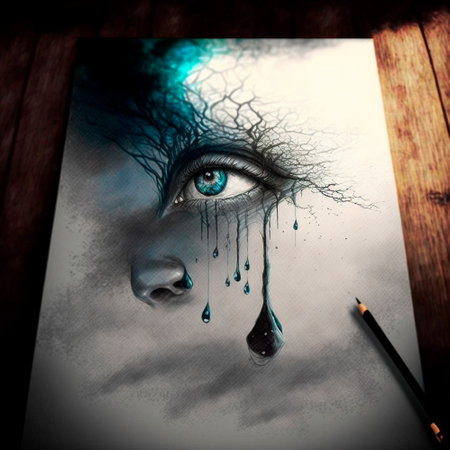 Blue eye.beautiful 3d sketch with colored elements. The drawing goes off the paper. high quality illustrationの素材