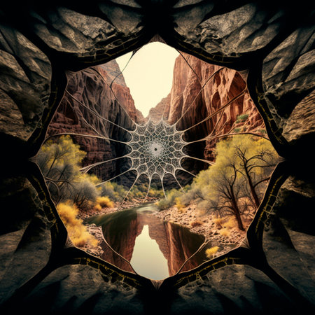 Looking through the web at the mountains. high quality illustrationの素材