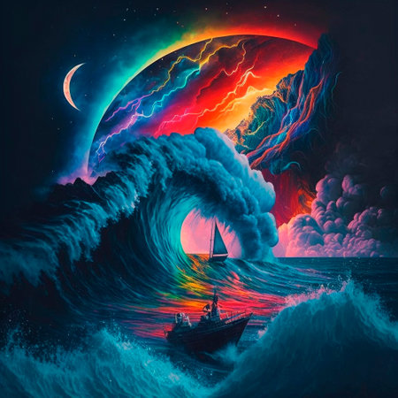 night beach with beautiful iridescent waves of different colors. high quality illustrationの素材