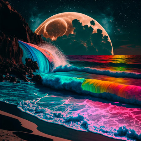 night beach with beautiful iridescent waves of different colors. high quality illustrationの素材