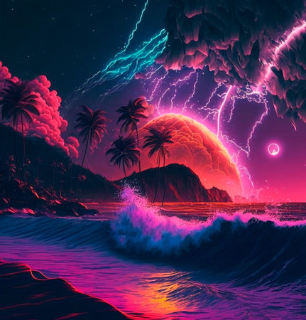 night beach with beautiful iridescent waves of different colors. high quality illustrationの素材