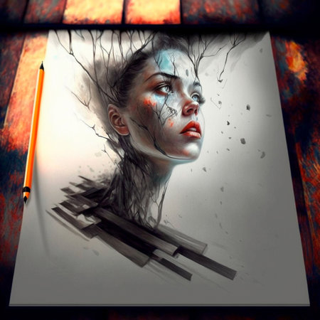 girl's face. beautiful 3d sketch with colored elements. The drawing goes off the paper. high quality illustrationの素材
