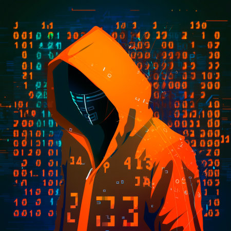 Hacker in an orange hood. Genius of the computer world. numbers and matrix. high quality illustrationの素材