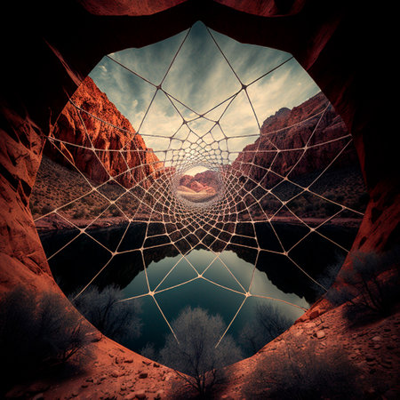 Looking through the web at the mountains. high quality illustrationの素材