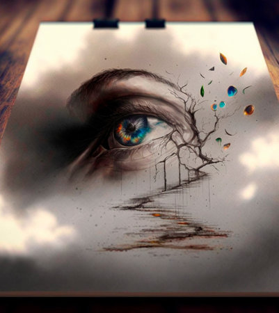 Blue eye.beautiful 3d sketch with colored elements. The drawing goes off the paper. high quality illustrationの素材