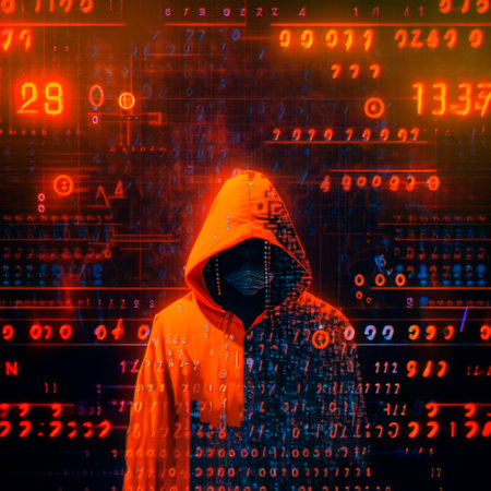 Hacker in an orange hood. Genius of the computer world. numbers and matrix. high quality illustrationの素材