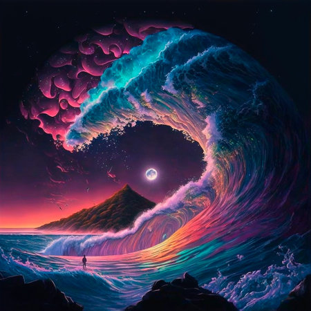 night beach with beautiful iridescent waves of different colors. high quality illustrationの素材