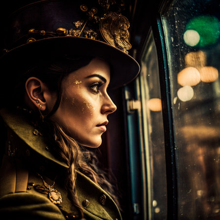 The woman is on the train. cyberpunk art. high quality illustrationの素材