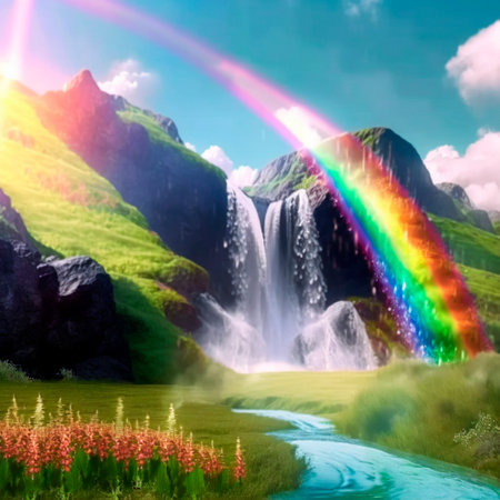 summer landscape with rainbow and waterfall. high quality illustrationの素材