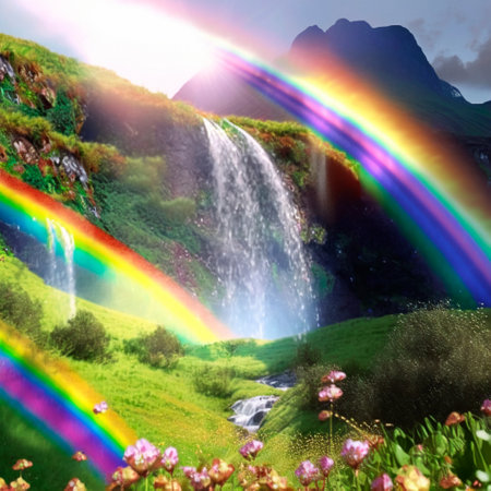 summer landscape with rainbow and waterfall. high quality illustrationの素材