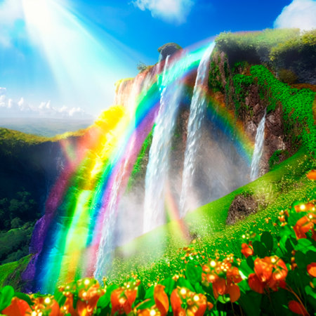 summer landscape with rainbow and waterfall. high quality illustrationの素材