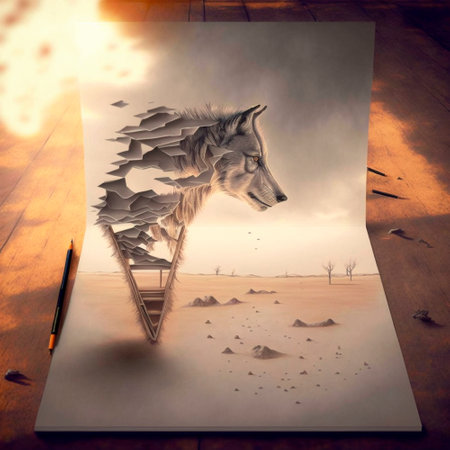 Wolf in the desert beautiful 3d sketch with colored elements. The drawing goes off the paper. high quality illustrationの素材