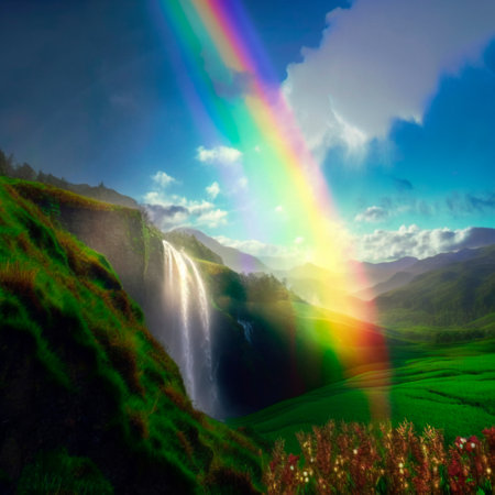 summer landscape with rainbow and waterfall. high quality illustrationの素材