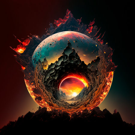 Red mountains, flashes and cracks on the surface. Gloomy sky. Magma and lava spread over the mountains. Lava world collection. high quality illustrationの素材