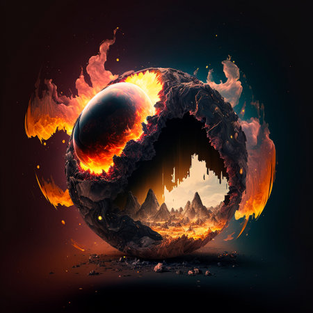 Red mountains, flashes and cracks on the surface. Gloomy sky. Magma and lava spread over the mountains. Lava world collection. high quality illustrationの素材