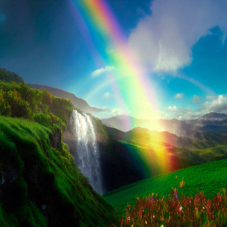 summer landscape with rainbow and waterfall. high quality illustrationの素材