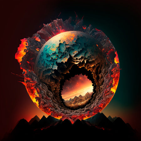 Red mountains, flashes and cracks on the surface. Gloomy sky. Magma and lava spread over the mountains. Lava world collection. high quality illustrationの素材