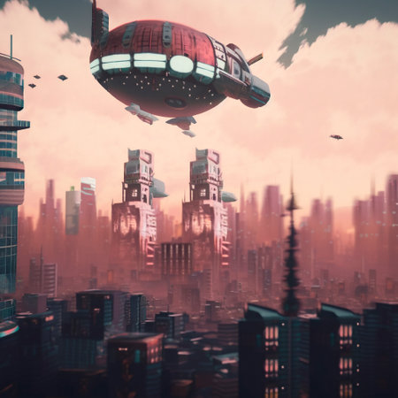 Steampunk airship flies over a modern city. high quality illustrationの素材